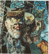 Otto Dix, Selbstbildnis als Kriegsgefangener, 1947, Öl auf Holzfaserplatte.[22]